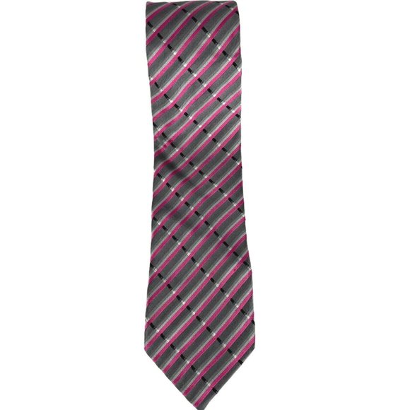 Alfani Pink Gray Black Diagonal Striped Silk‎ Tie - Picture 1 of 6